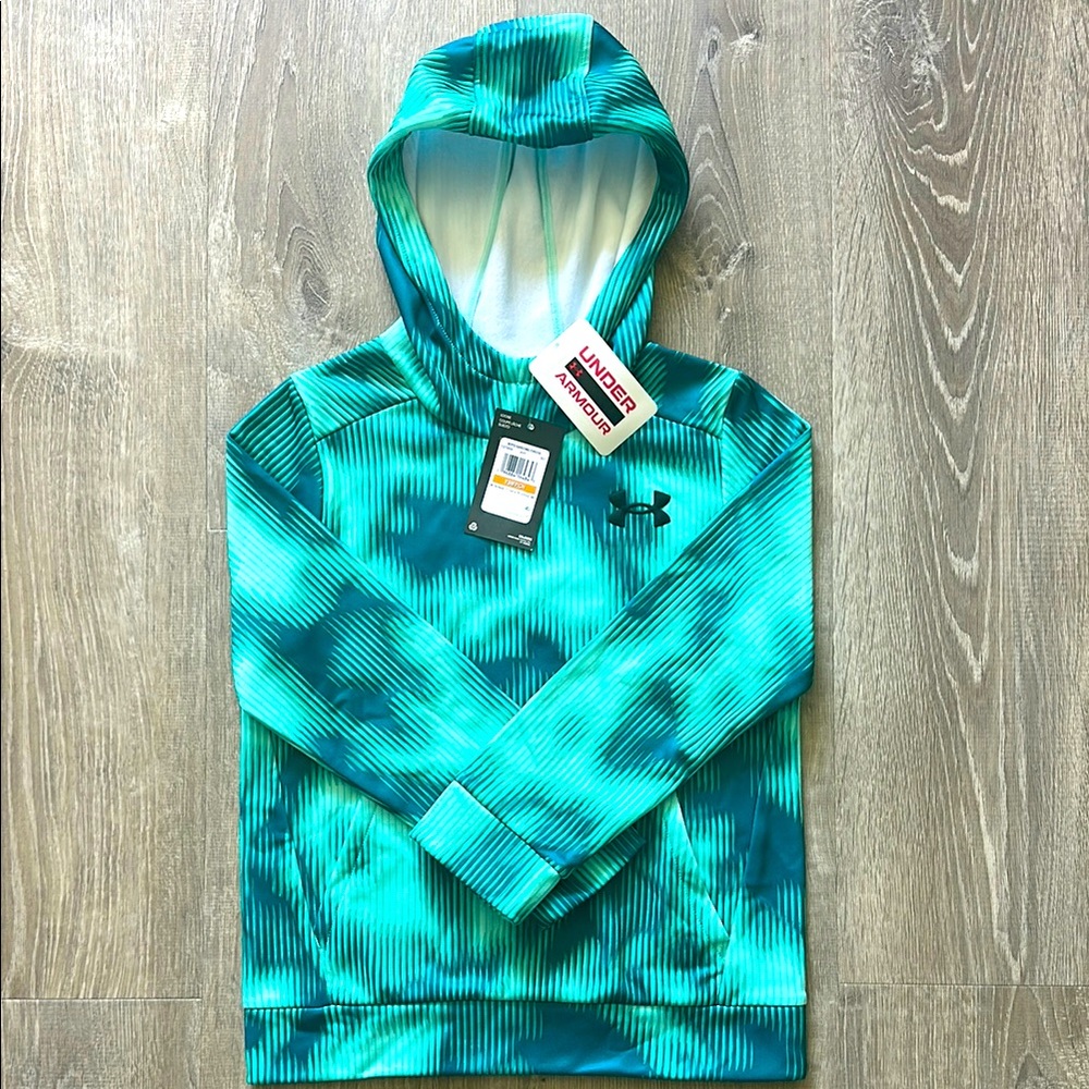 🌀 NWT Under Armour Youth Hoodie – Size YSM – Blue/Teal Digital Tie-Dye Design